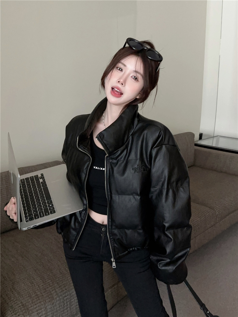 實拍~2023新款短款pu皮棉服女加厚麵包服外套小個子羽絨棉衣
