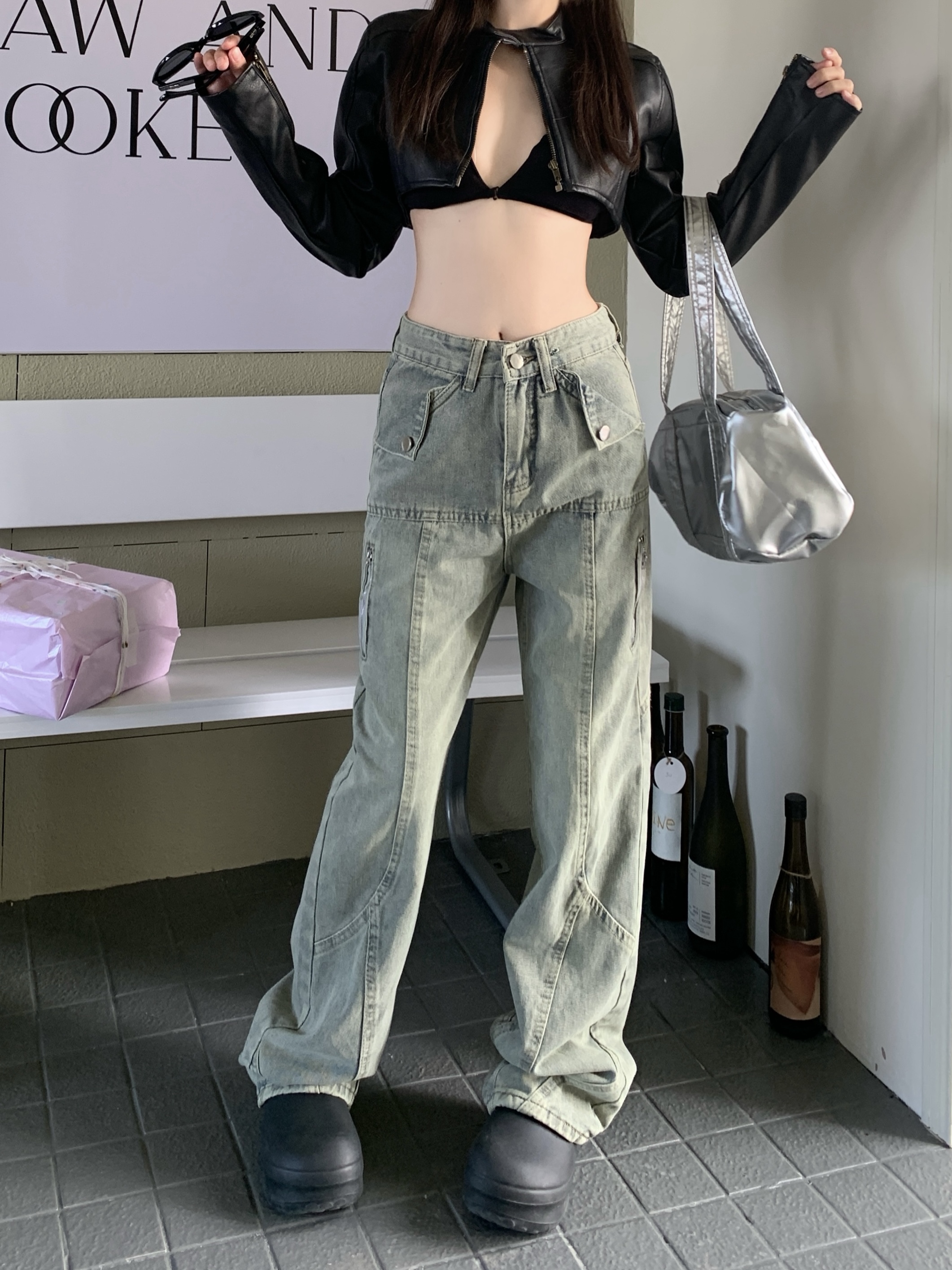 實拍！！！水洗做舊黃泥染牛仔褲女復古寬鬆直筒設計感小眾褲