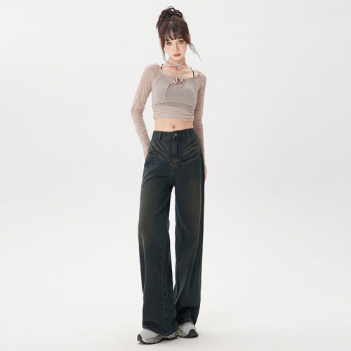 Actual shot of  autumn and winter retro wide-legged high-waisted loose drape slim straight-leg floor-length jeans for women