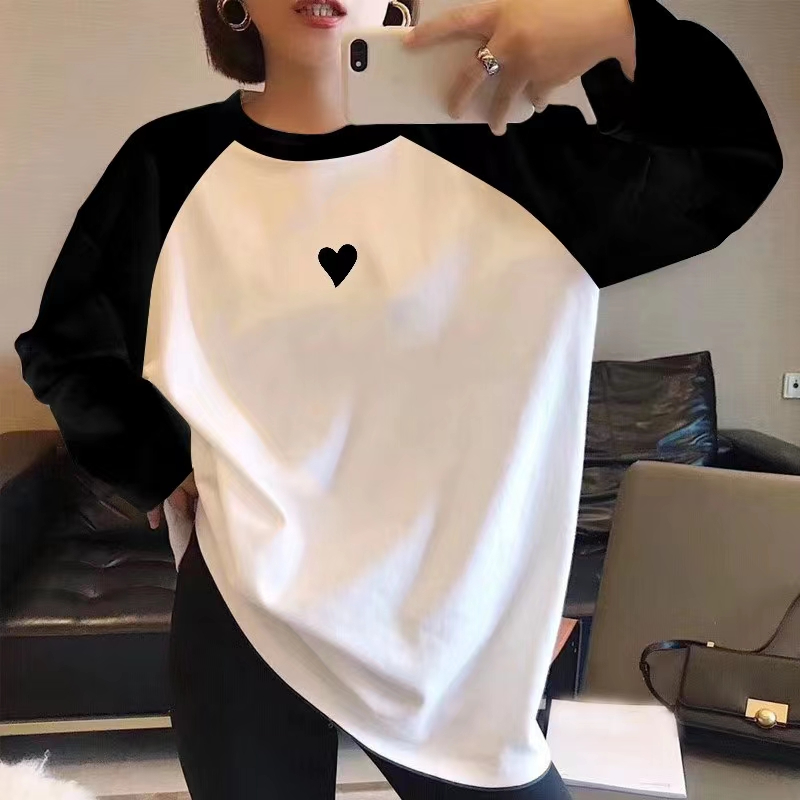 春秋季新款純棉長袖t恤女設計感小眾上衣撞色寬鬆減齡打底衫