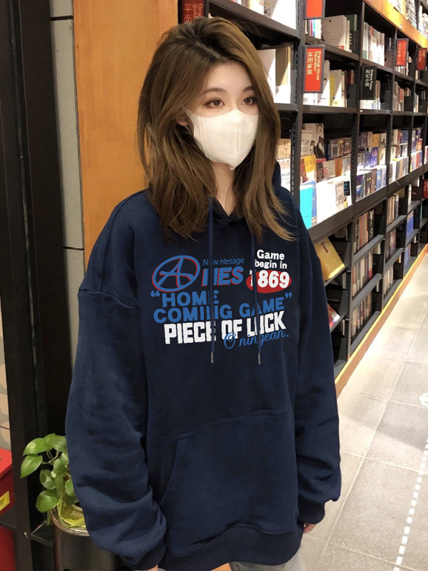 美式復古衛衣女春秋款字母印花設計重磅套頭藏青色連帽上衣ins潮