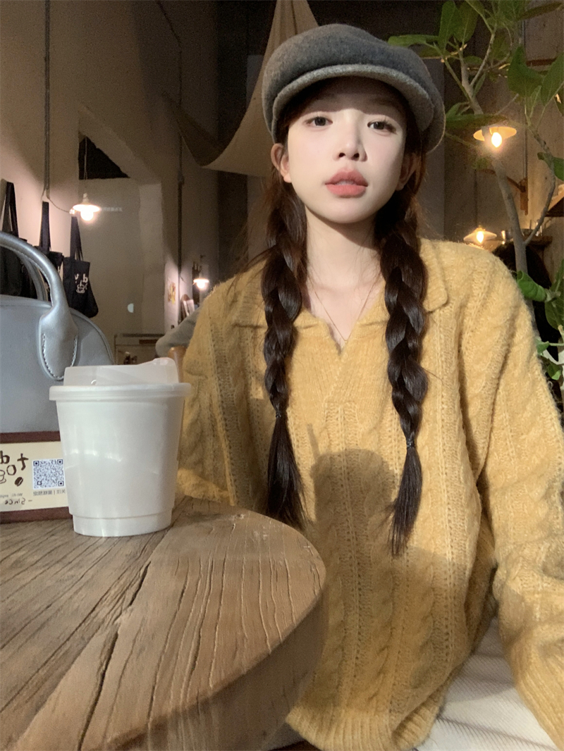 實拍   復古麻花毛衣寬鬆慵懶毛衣