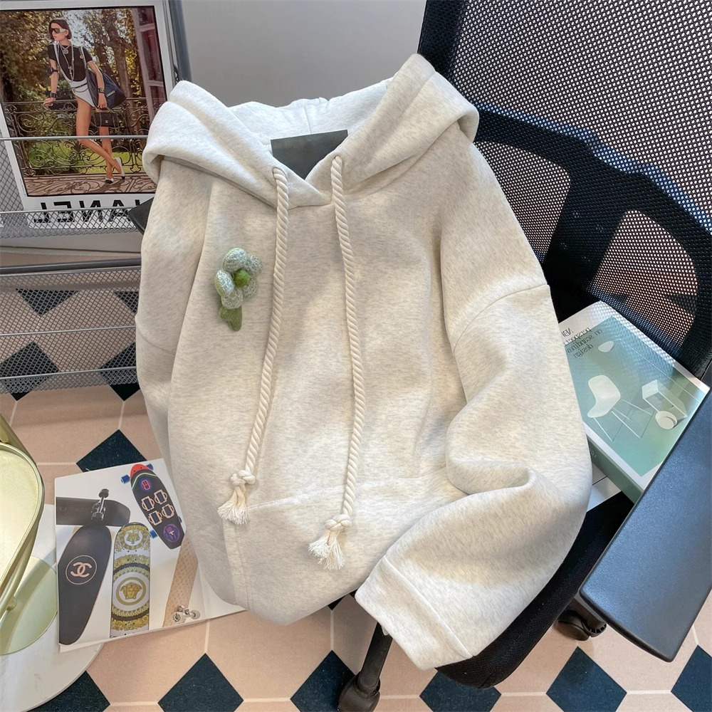 原版做工日系慵懶立體花朵連帽衛衣女秋冬復古chic港風加絨外套