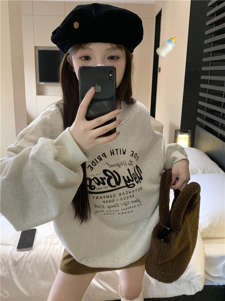 實拍~大碼加絨加厚復古印花衛衣女圓領寬鬆oversize秋冬上衣