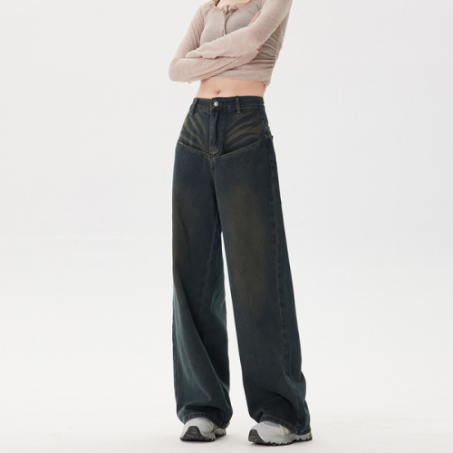 Actual shot of  autumn and winter retro wide-legged high-waisted loose drape slim straight-leg floor-length jeans for women