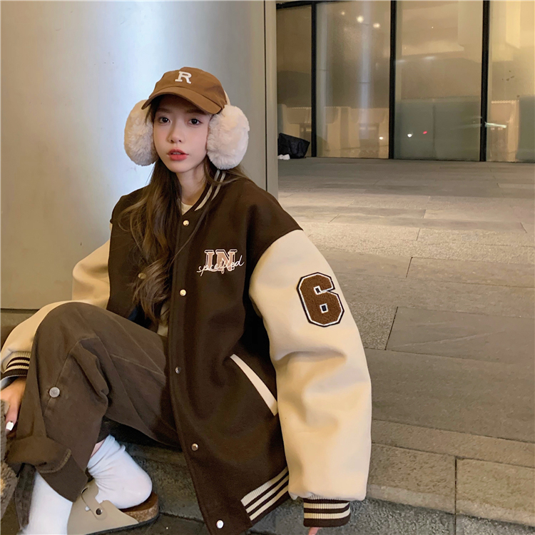 Actual shot~Large size autumn and winter new style contrasting color quilted woolen baseball uniform American bomber jacket for women