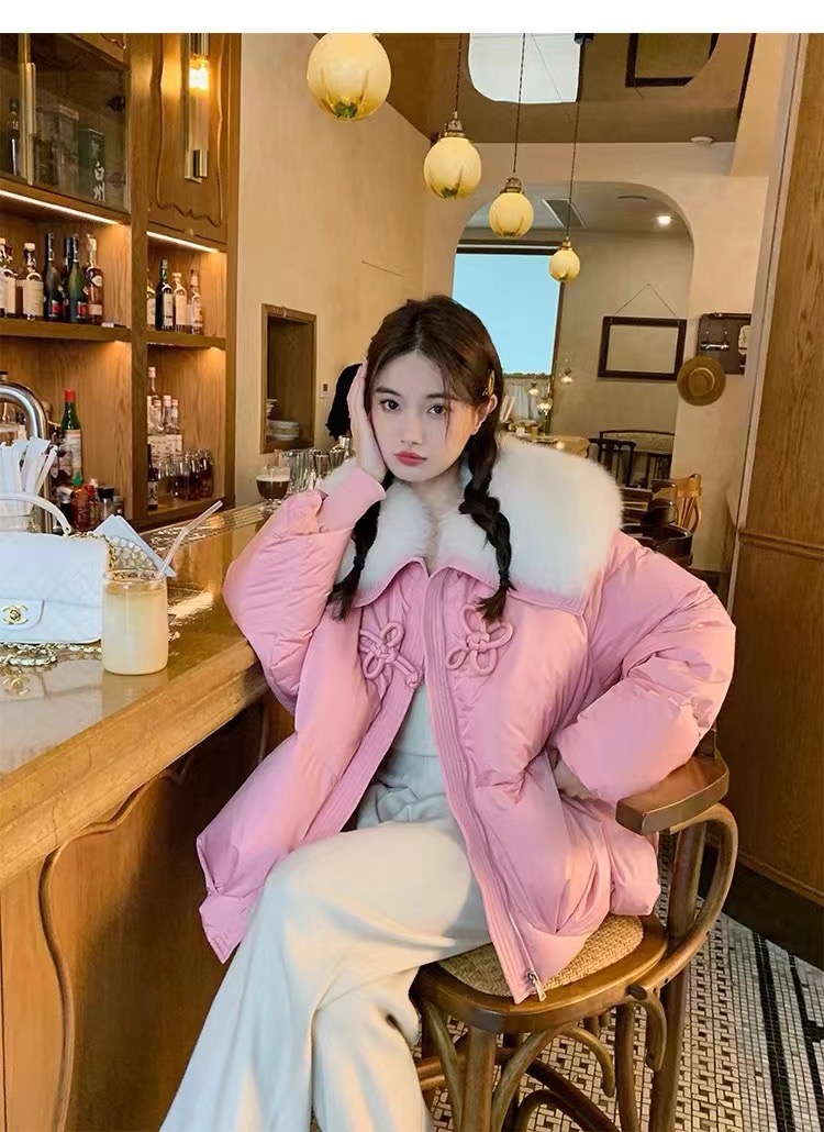 國風羽絨服女中國結加厚短款女2023冬季新款仿狐狸大毛領寬鬆外套