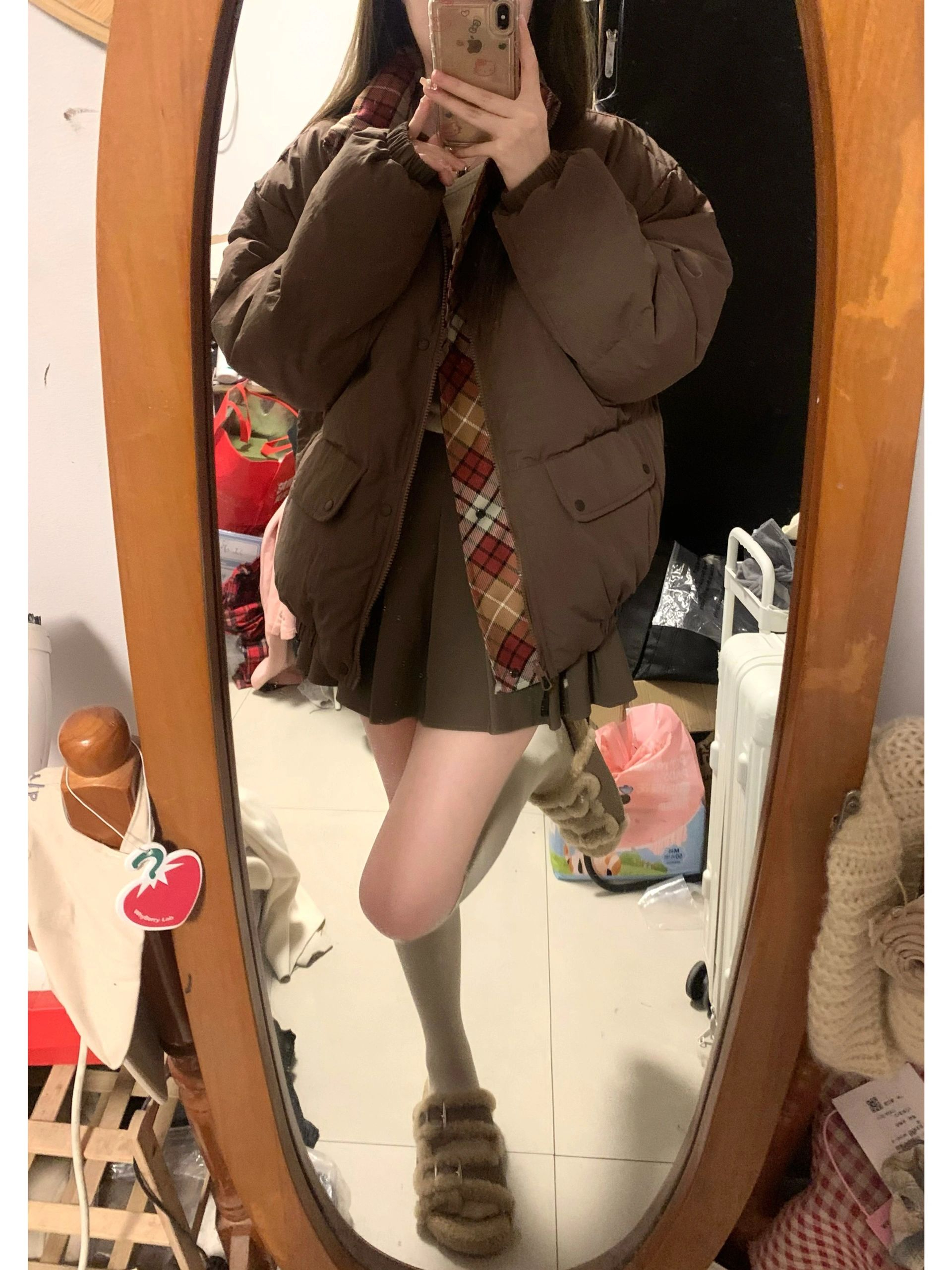 兩面穿格紋撞色羽絨棉服外套女冬季美式復古小個子寬鬆加厚麵包服