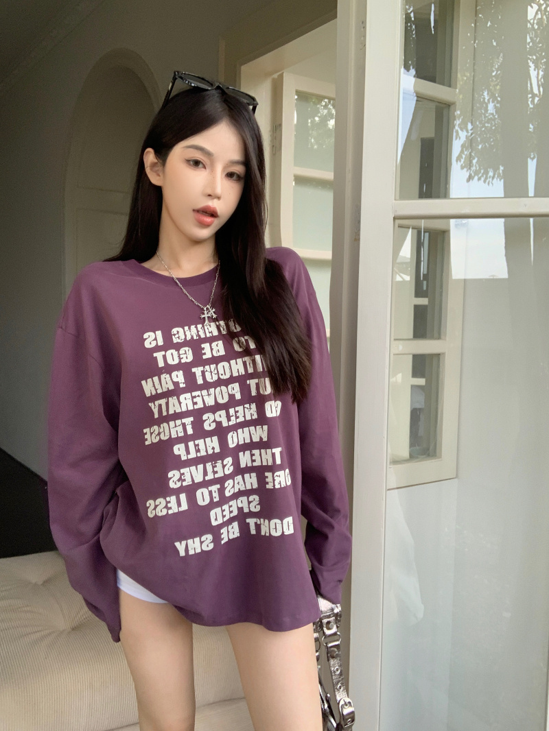 實拍~2023早秋紫色針織寬鬆字母T女