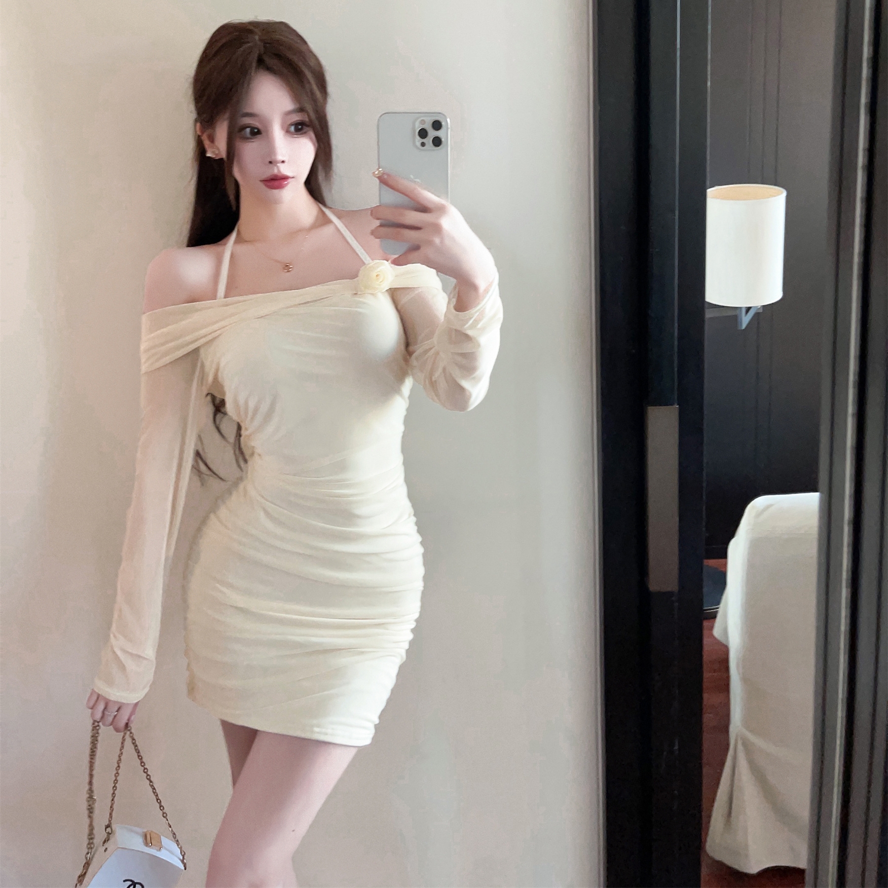 實拍 一字肩網紗連衣裙女長袖性感辣妹緊身包臀裙