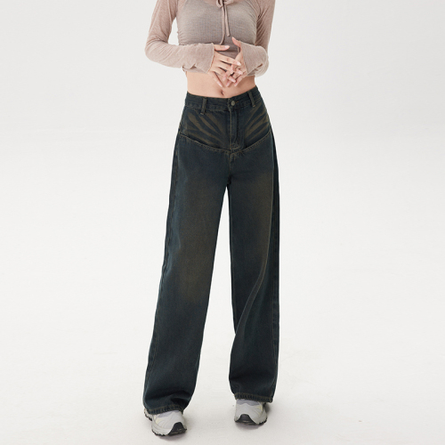 Actual shot of  autumn and winter retro wide-legged high-waisted loose drape slim straight-leg floor-length jeans for women