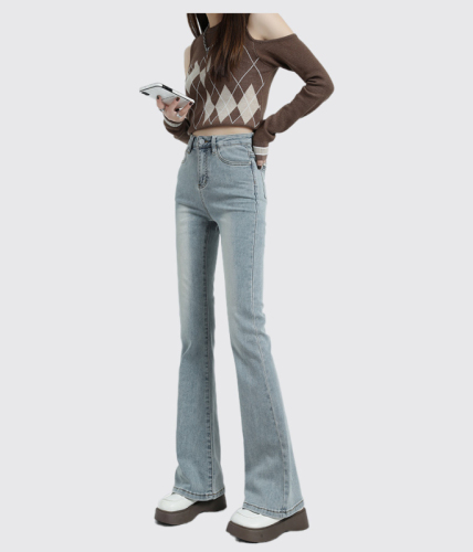 Women's Light Color Mini Bell Bottom Jeans  Autumn/Winter New Korean Style High-Waisted Tapered Elastic Pants