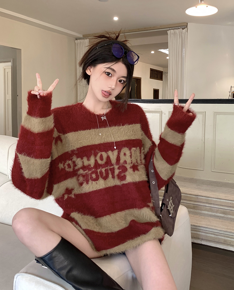 大碼實拍  美式字母提花撞色條紋毛衣女慵懶針織衫上衣
