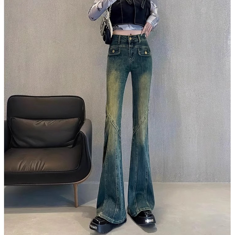 復古懷舊微喇牛仔褲女春秋新款設計感高腰彈力修身顯瘦喇叭褲子潮