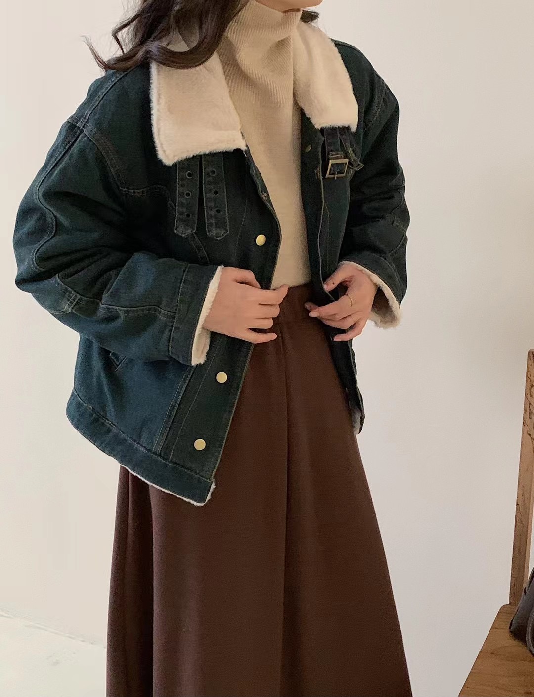 實拍～羊羔毛牛仔外套冬韓版寬鬆bf短款加厚棉服炸街機車服夾克