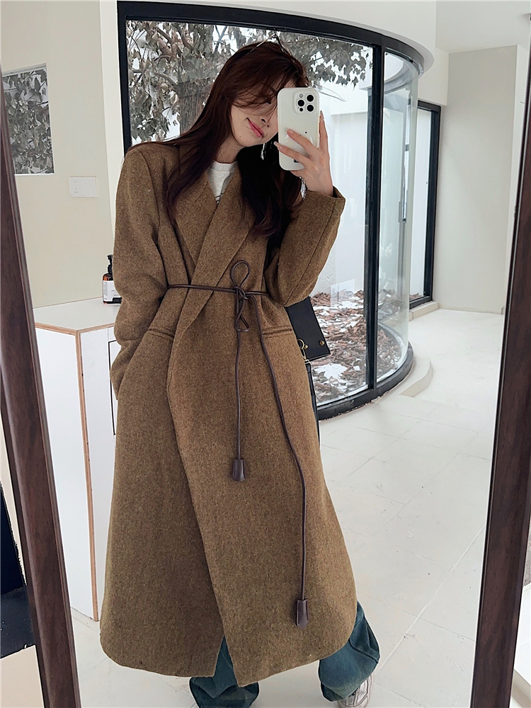 實拍~大碼女裝韓系慵懶風高級感長款毛呢外套百搭顯瘦大衣潮