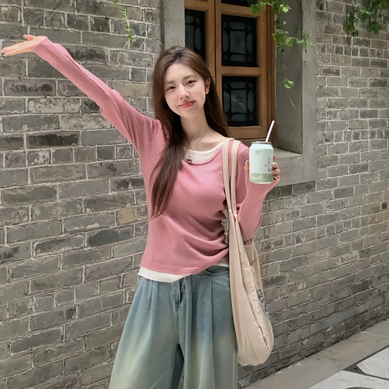 Small autumn high-end chic long-sleeved fake two-piece design top women's right shoulder T-shirt knitted bottoming shirt