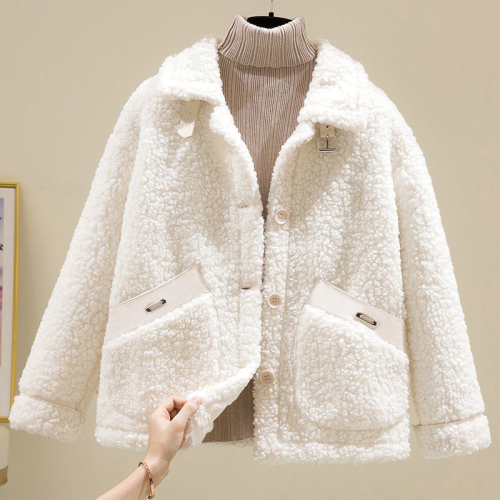 羊羔毛绒皮毛一体外套女新款秋冬季韩版短款颗粒绒小个子大衣