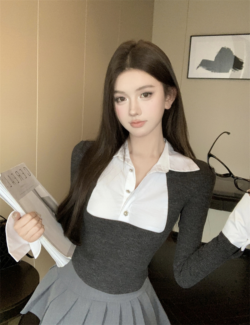 實拍~伯克利女孩 乖巧學院風撞色拼接修身假兩件翻領長袖襯衫
