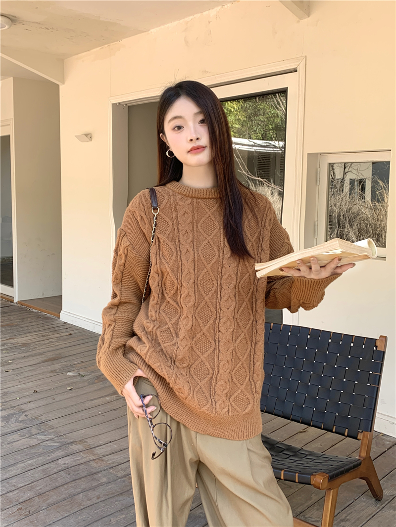 實拍美拉德優質版慵懶風軟糯麻花毛衣圓領寬鬆套頭外穿針織衫