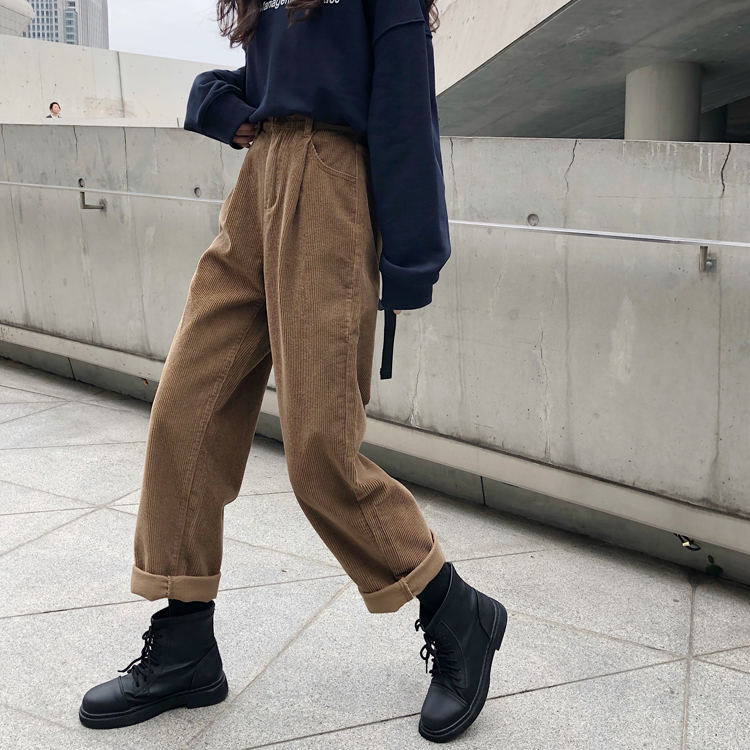 Real shot 2023 autumn and winter new Korean style retro lazy elastic waist corduroy casual pants