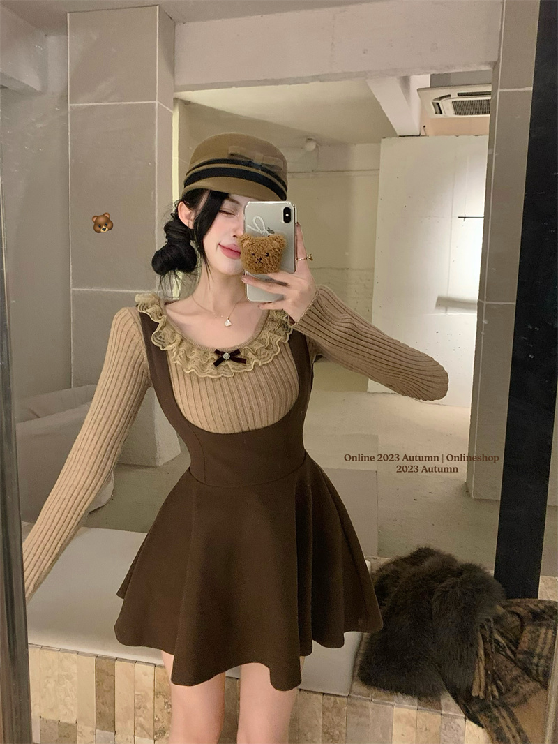Real shot of autumn and winter lace bottoming knitted sweater top + khaki suspender dress set