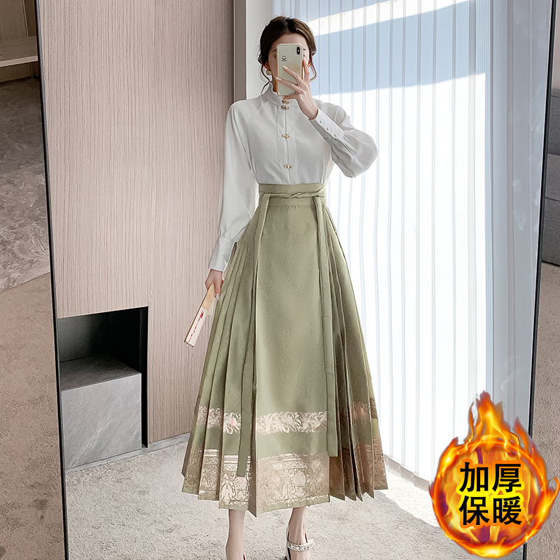 實拍2023冬季加厚上衣明制漢服吉桃福鯉國風馬面裙女混搭襯衣女