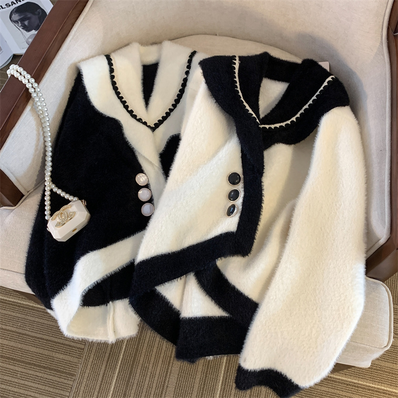 實拍高質量雙面呢開衫外套女氣質小香風拼接撞色短毛衣女秋冬上衣