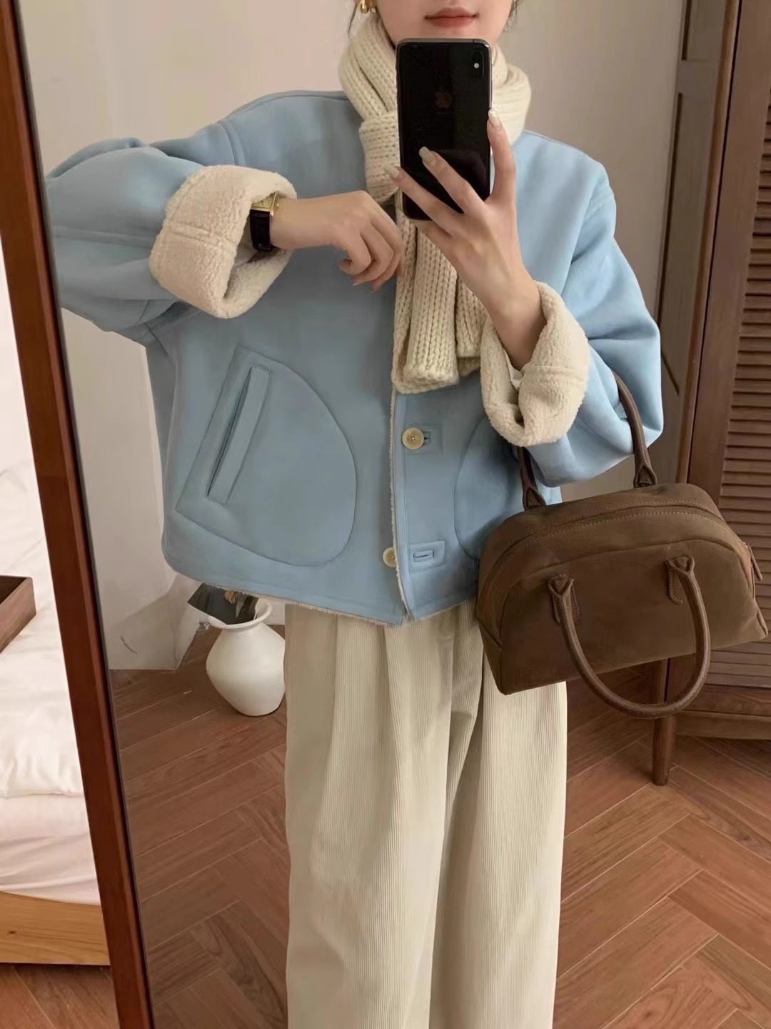 sevenmeter Korean style lamb fur all-in-one coat for women winter small thickened motorcycle jacket