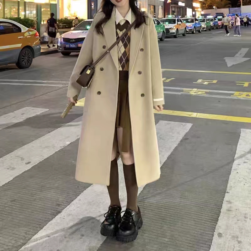 有燙 大鈕 360克 長款毛呢大衣女秋冬季英倫風外套小個子高級感
