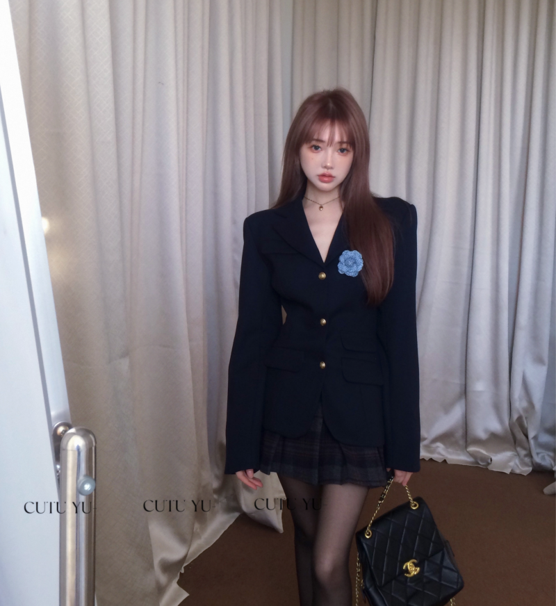 實拍 首爾藝高生 學院風毛呢西裝套裝女冬西服外套a字百褶裙