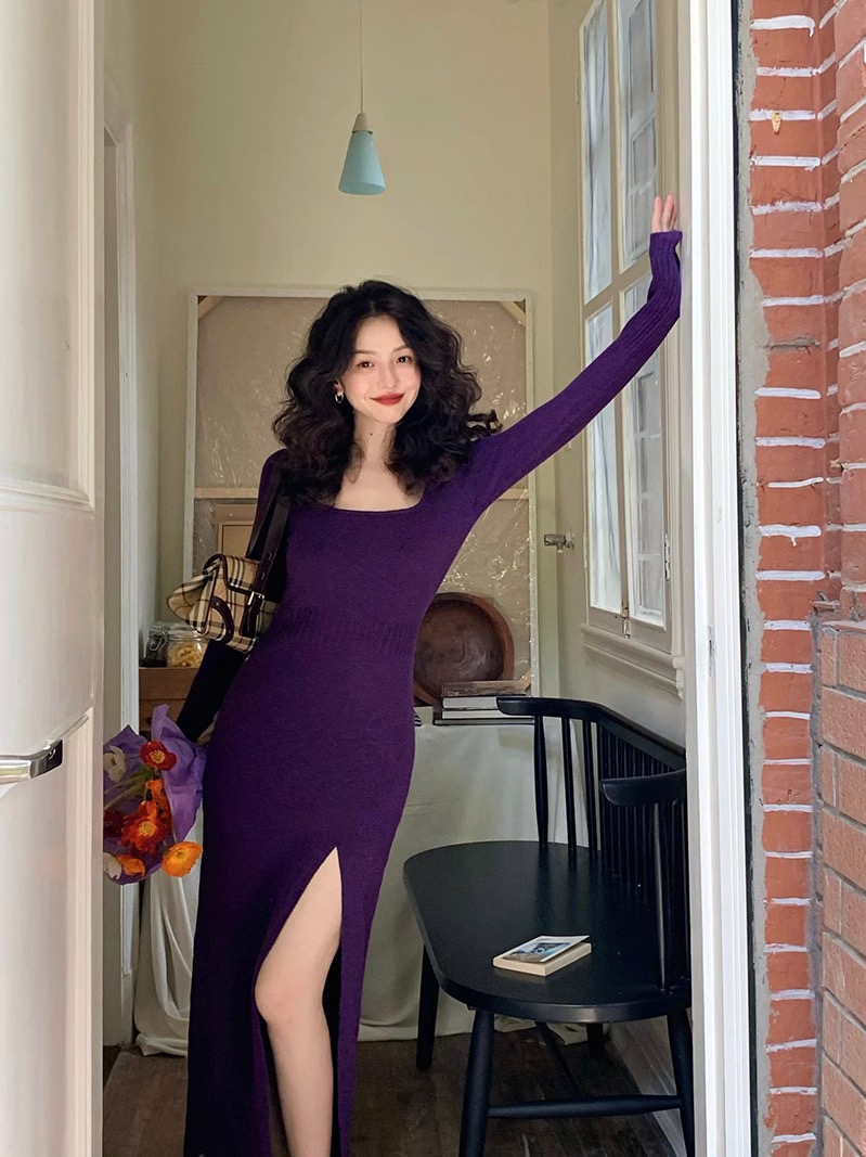 Homemade Hong Kong-style retro women's autumn new square-neck knitted dress high-waisted sexy slit mid-length skirt