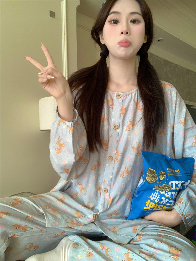 實拍韓版秋冬加厚保暖全棉磨毛可愛卡通小鹿寬鬆休閒家居服