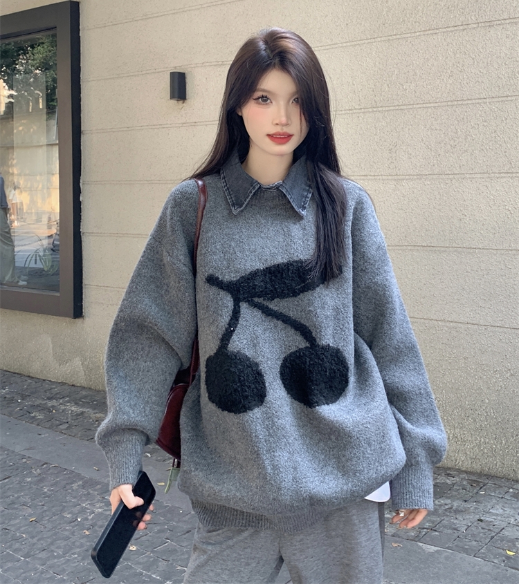實拍 秋冬加厚保暖慵懶風氣質櫻桃提花可拆領長袖毛衣女針織上衣