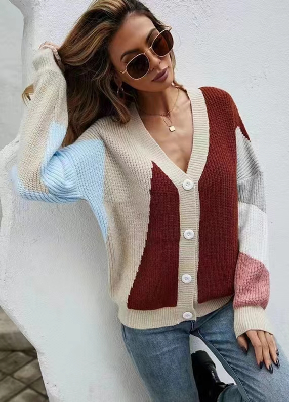 Single-breasted V-neck knitted cardigan sweater for women European and American new street style master contrasting color lazy style jacket