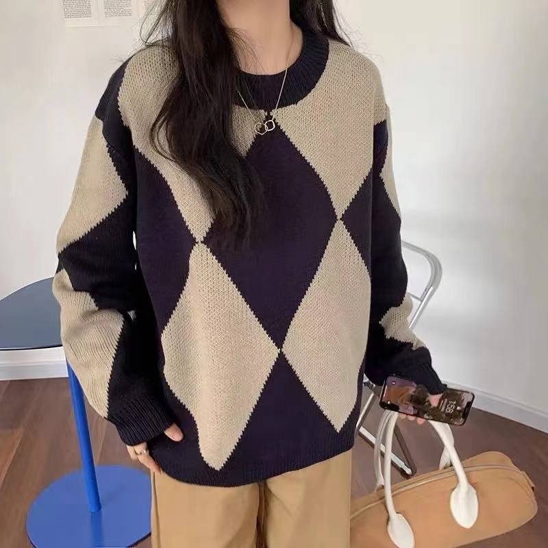 Retro Diamond Round Neck Sweater Early Autumn New Contrast Color Japanese Lazy Style Loose Long Sleeve Knitted Top Women