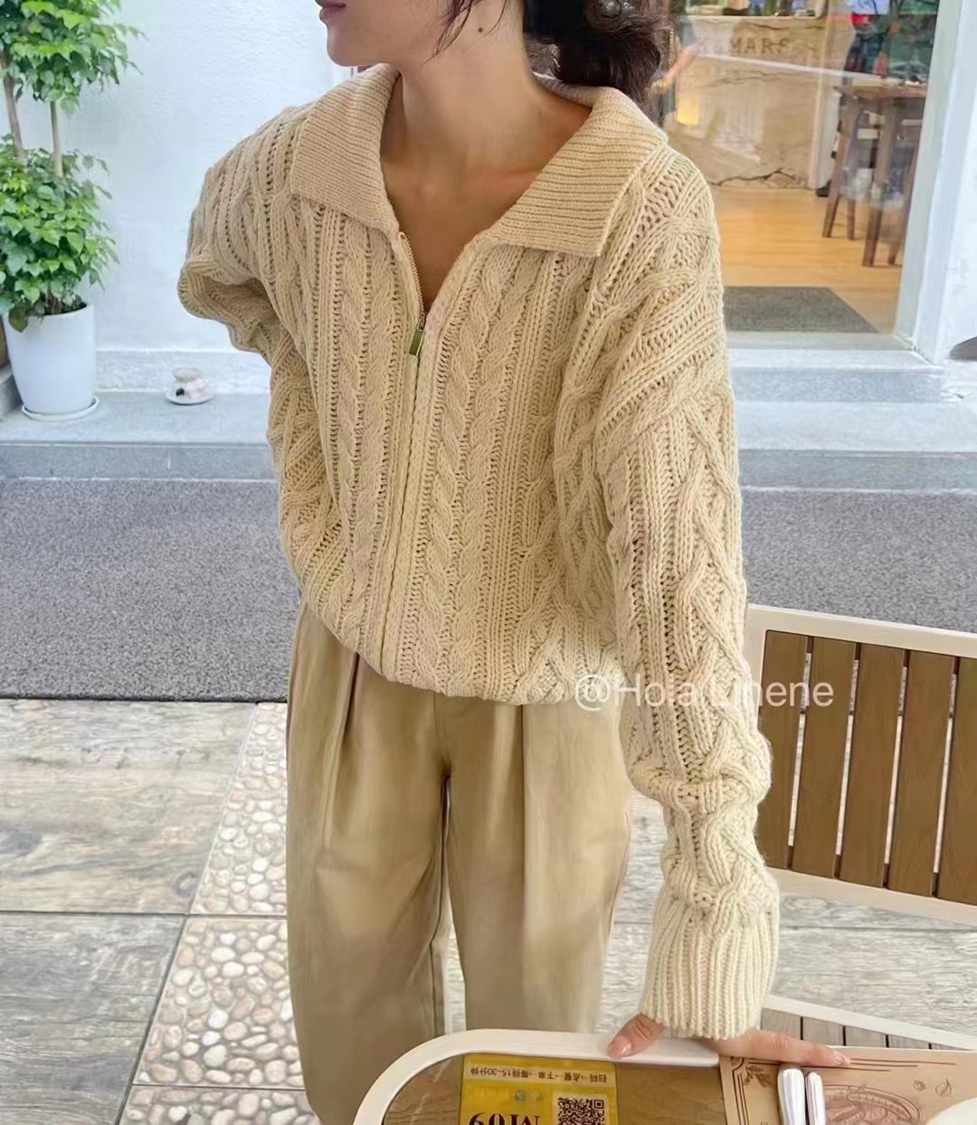 插肩長袖拉鏈麻花針織衫開衫女2023秋法式高級感毛衣疊穿外套