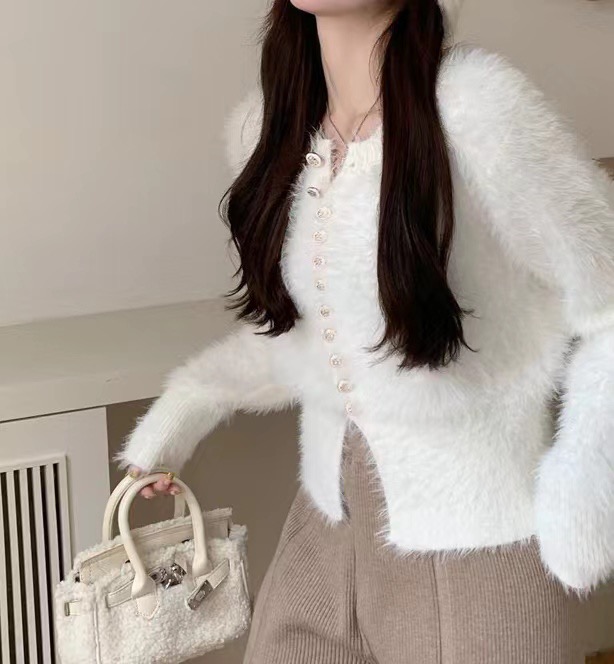 2023 Soft and Gentle Imitation Mink Hair Cardigan Sweater Women's Autumn and Winter New Loose White Jacket