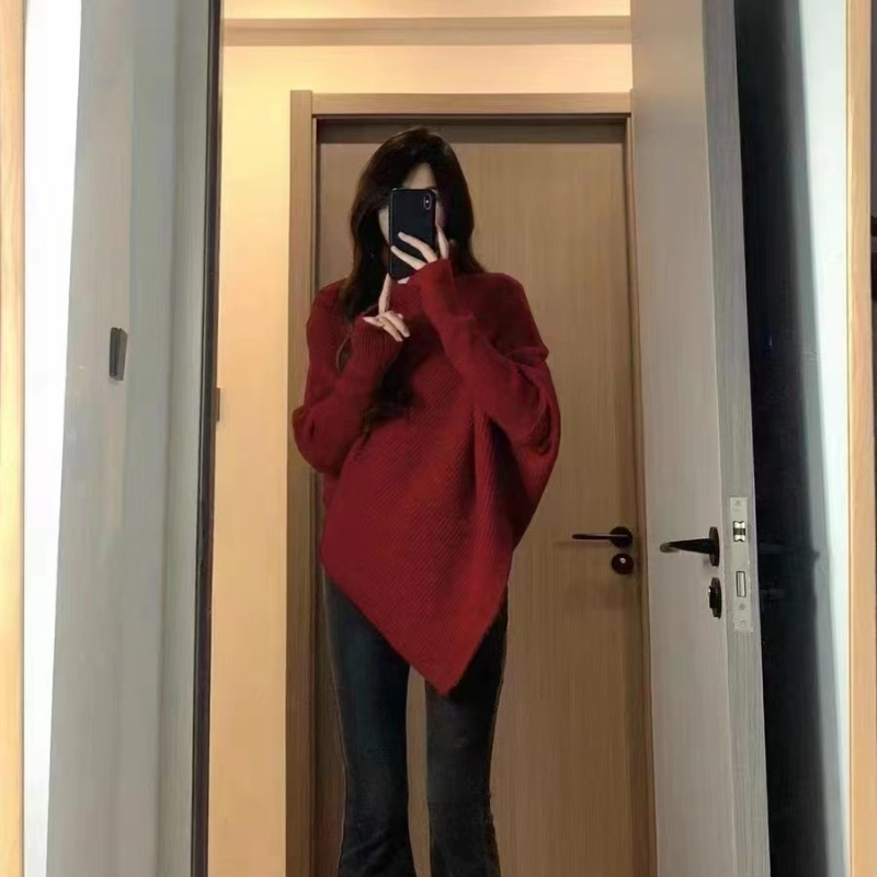 韓版高領不規則毛衣女2023秋冬新款設計感外穿加厚中長款針織上衣