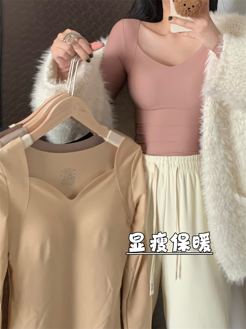 實拍秋冬保暖玻尿酸V領美膚肌底帶胸墊長袖修身顯瘦打底衫
