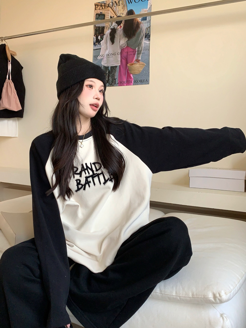 實拍 時尚寬鬆百搭圓領套頭上衣拼接撞色字母印花T恤打底衫