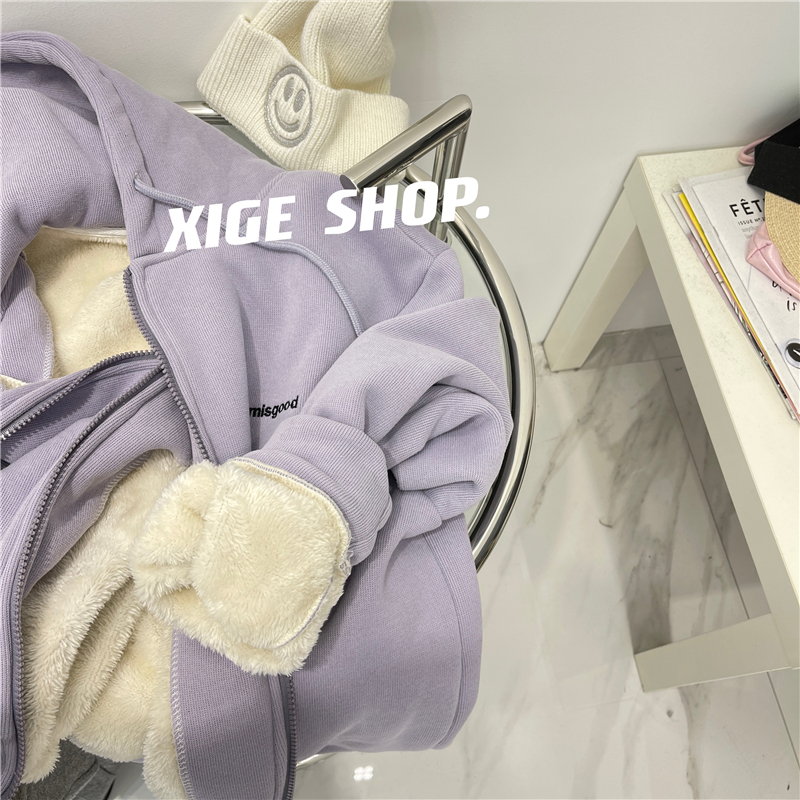 加絨加厚連帽衛衣女冬刺繡