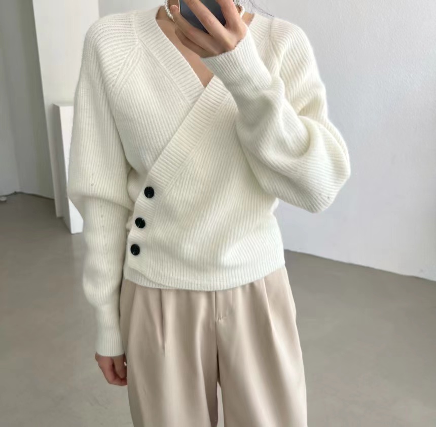 V-neck irregular soft waxy cardigan loose sweater jacket top western style Korean style women