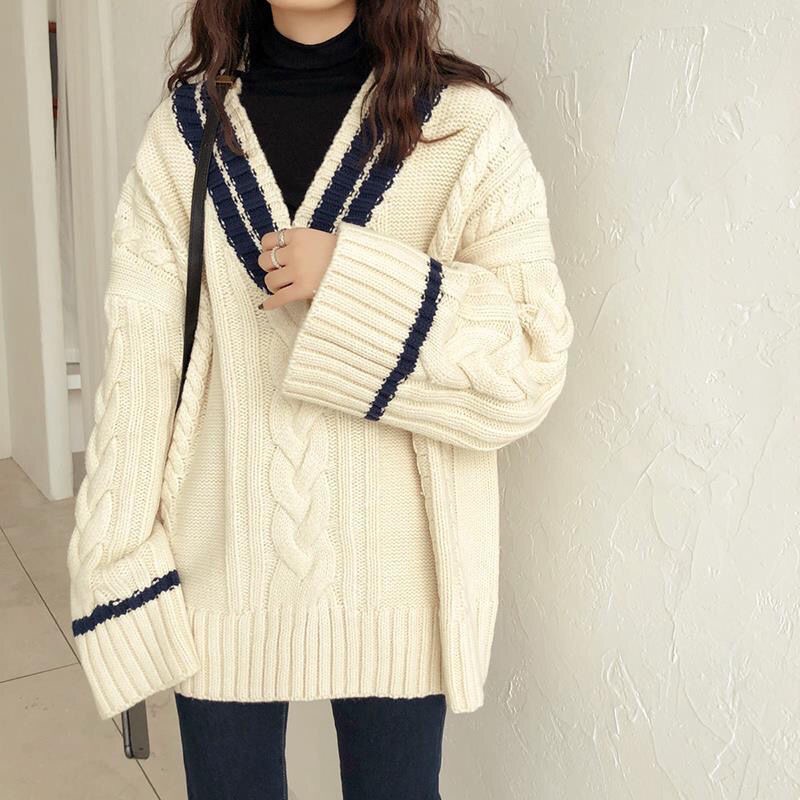 V-neck sweater for female students in autumn and winter college style Korean style loose and versatile retro twist thickened knitted jacket