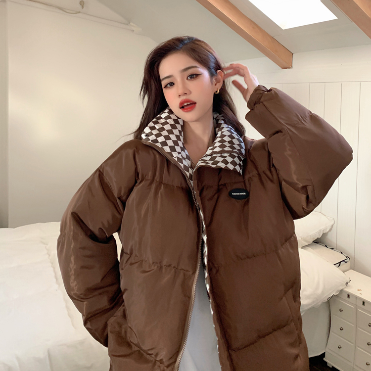 Real shot of Maillard's autumn and winter thickened, warm and versatile checkerboard checkerboard contrasting color long-sleeved cotton coat and bread suit