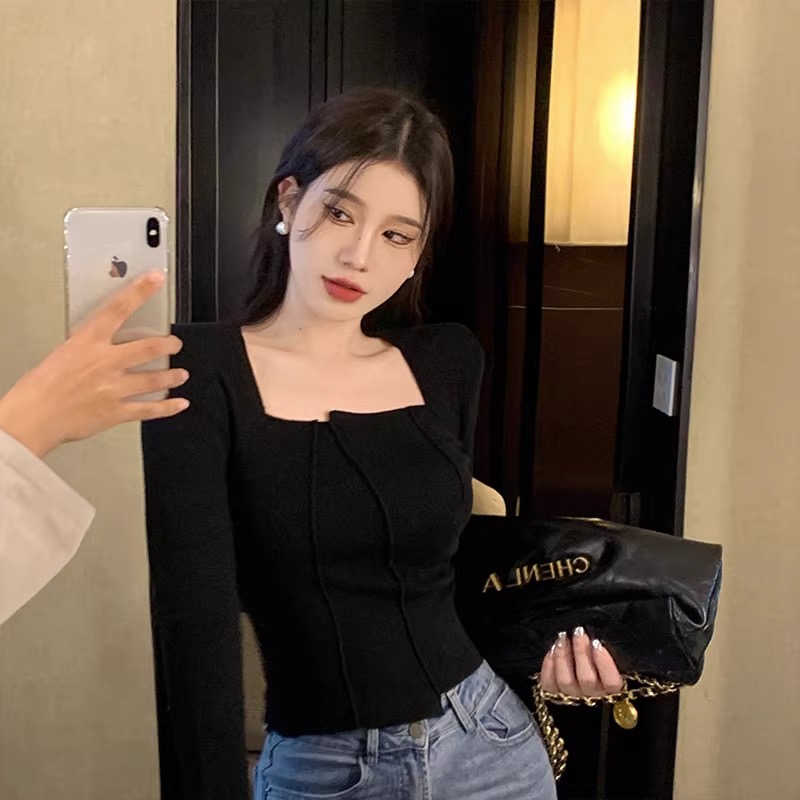 French square neck sweater top design niche women's autumn and winter new slim long-sleeved collarbone inner layering shirt