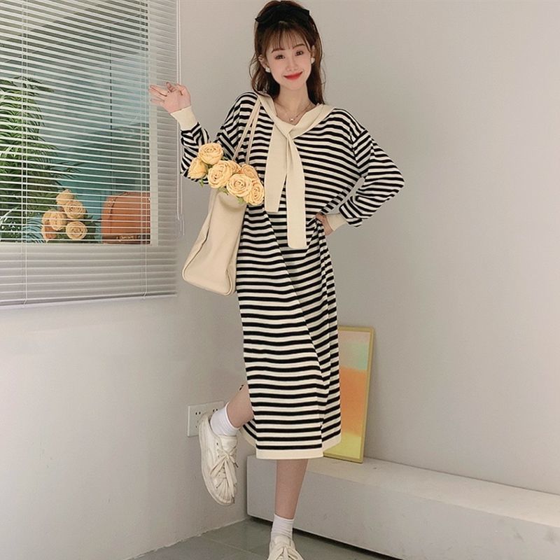 連衣裙女2023新款時尚洋氣條紋裙子拼接高端領帶氣質開叉裙冰爽絲