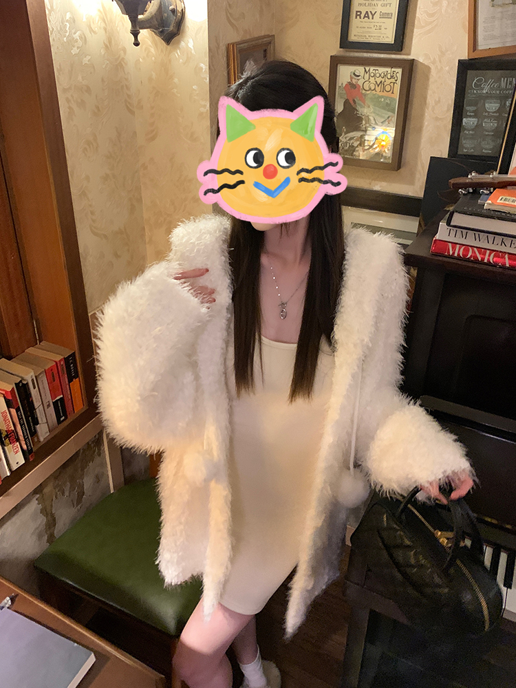 仿水貂絨連帽加厚毛衣外套女秋冬季寬鬆慵懶風針織開衫奶呼呼上衣