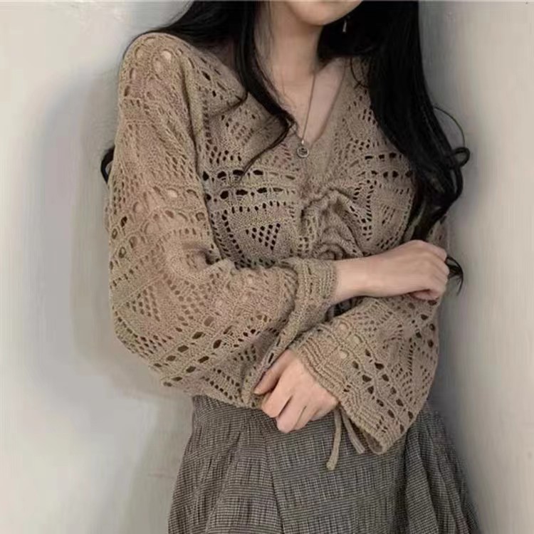 Hollow drawstring V-neck long-sleeved sweater women's short cover-up thin loose sun protection top
