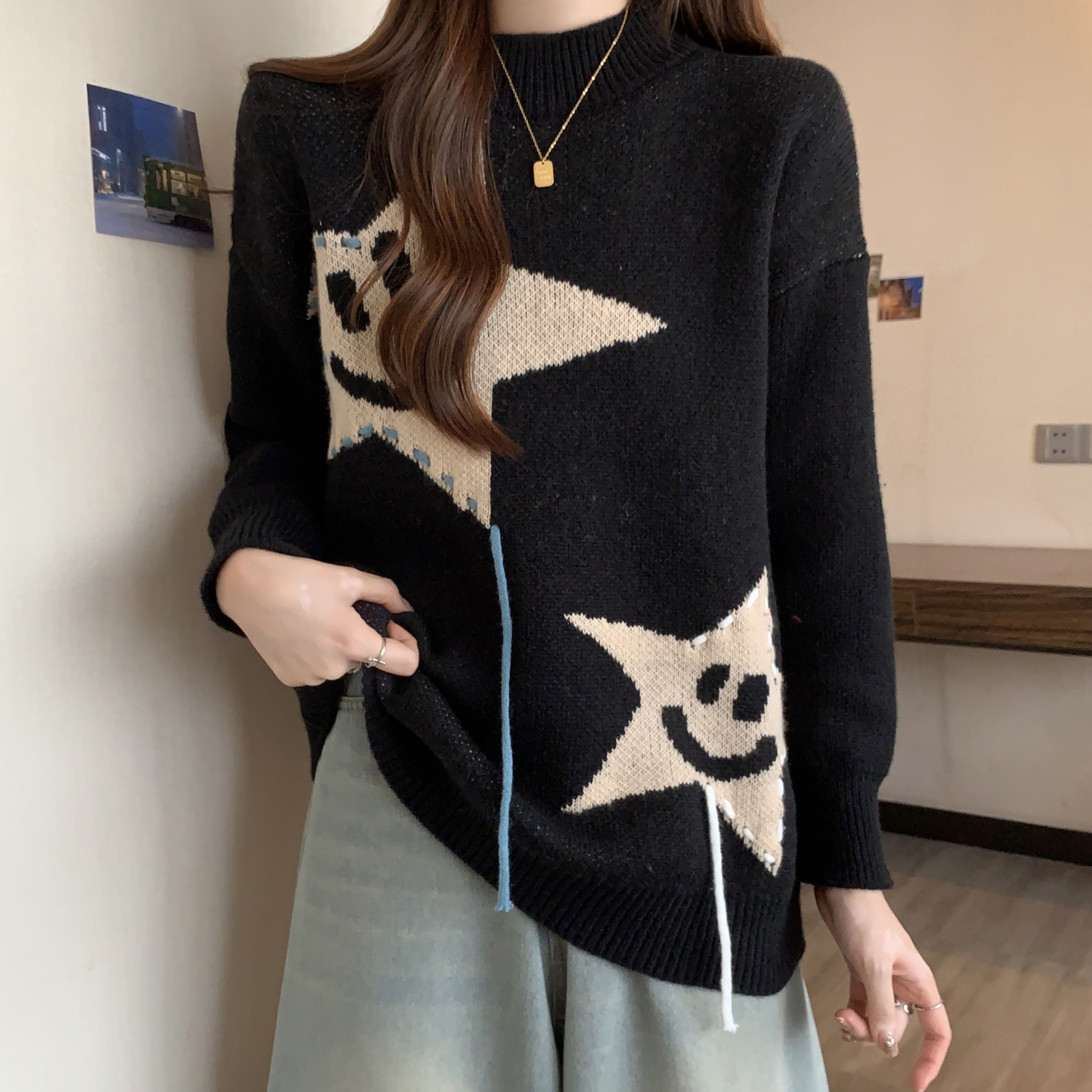 實拍大碼女裝秋冬套頭針織打底衫女2023新年紅寬鬆洋氣設計感毛衣
